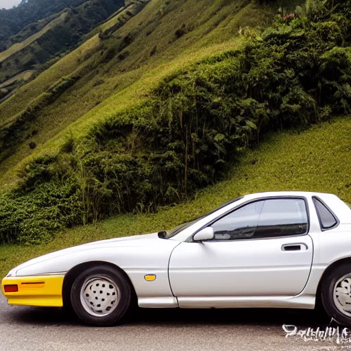 Image similar to Yellow 1993 Mazda RX7 drifting through quindio\'s mountains with a cloud of white smoke coming out of the rear tires, photography, 8k