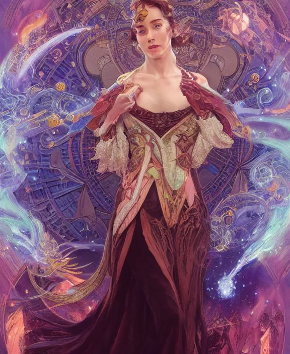 Image similar to a trading - card of a wizard surrounded by a whirlwind of magical particles ushing inside the metaverse, half body, fantasy, intricate, elegant, highly detailed, colorful, vivid color, digital painting, artstation, concept art, art by artgerm and greg rutkowski and alphonse mucha and ruan jia