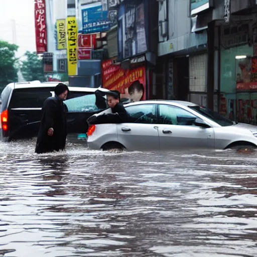 Image similar to seoul city is flooded by heavy rain. A guy with suit is sitting on the top of the A car is middle of the street flooded.