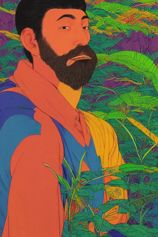 Prompt: a colorful closeup portrait of a handsome young bald man with a very long wild beard sucking a blotter paper of lsd acid and dreaming psychedelic hallucinations in the overgrown landscape of amazon jungle, by kawase hasui, moebius and edward hopper, colorful flat surreal design, hd, 8 k, artstation