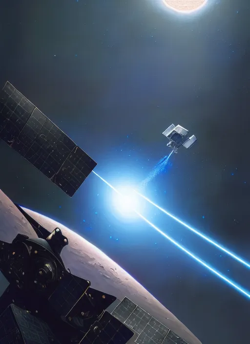 Prompt: hyper realistic sci - fi matte concept art painting of a space satellite shooting a laser down to earth below, beautiful details, strong composition painted by kim jung guweta studio rutkowski, james gurney and greg rutkowski, and lucasfilm, smooth, intricate, detailed, sharp focus, cinematic