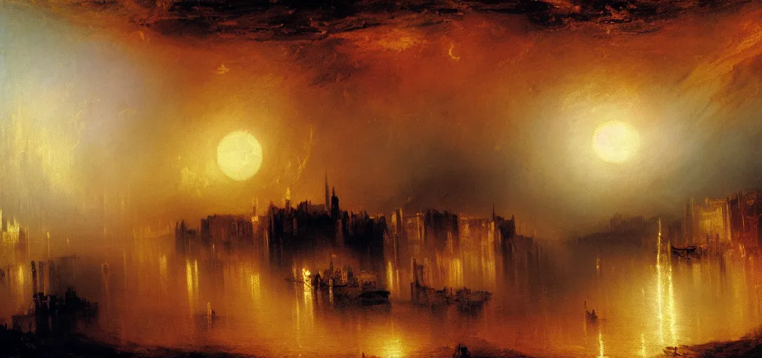 Prompt: moon is protodoom feral internet, coherent, detailed, intricate, fusion j. m. w turner, neoclassic oil painting, 8 k resolution