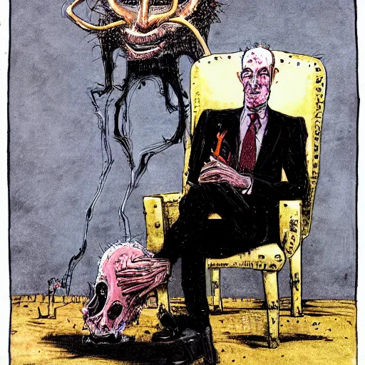 Image similar to Jacob Rothschild full body shot, dollar bills Body horror, biopunk, by Ralph Steadman, Francis Bacon, Hunter S Thompson