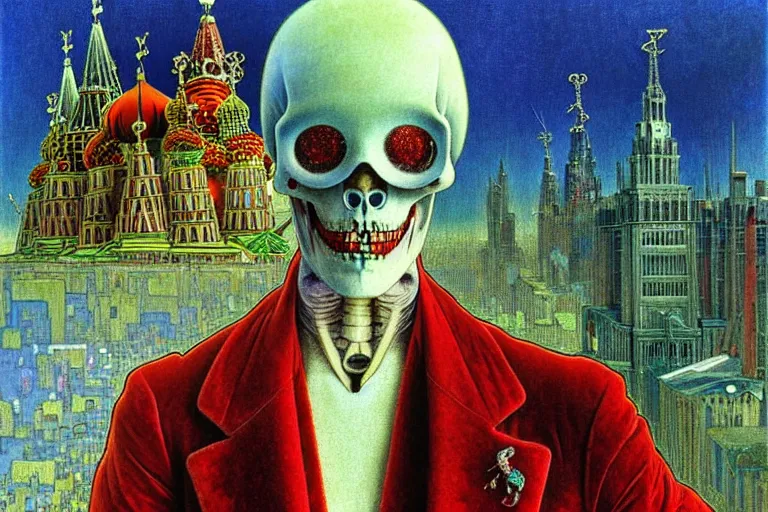 Image similar to realistic detailed closeup portrait painting of a single skeleton wearing red velvet blazer in a crowded futuristic moscow street by Jean Delville, Amano, Yves Tanguy, Alphonse Mucha, Ernst Haeckel, Edward Robert Hughes, Roger Dean, rich moody colours, blue eyes