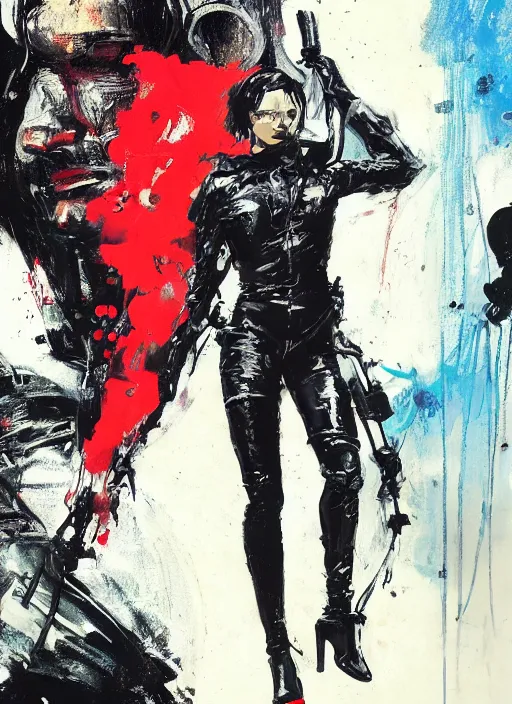 Prompt: senz umbrella, held by black leather suit supermodel in a still from death stranding ( 2 0 1 9 ) action game, by ashley wood, yoji shinkawa, jamie hewlett, 6 0's french movie poster, french impressionism, vivid colors, palette knife and brush strokes, concept art