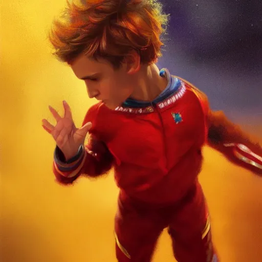 Image similar to colorful and festive captivating young child boy, brown fluffy hair, wearing red and yellow hero suit, making a two with his hand. full body, rich vivid colors, ambient lighting, dynamic lighting, 4 k, atmospheric lighting, painted, intricate, highly detailed by charlie bowater