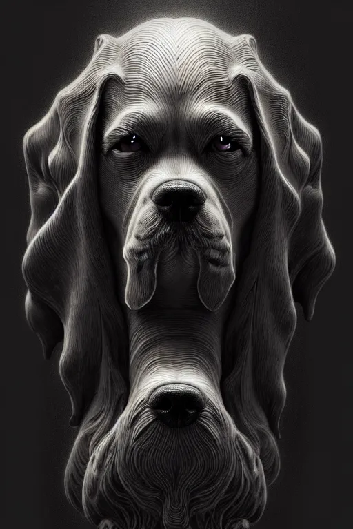 Image similar to dog as mourning crying phantom, very detailed face, detailed features, fantasy, circuitry, explosion, dramatic, intricate, elegant, highly detailed, digital painting, artstation, concept art, smooth, sharp focus, illustration, art by gustave dore, octane render