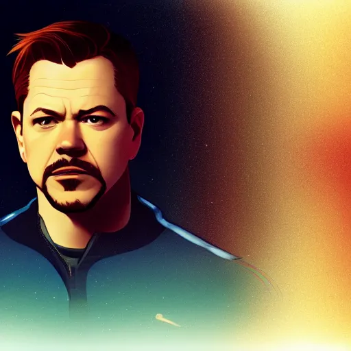 Prompt: Matt Damon as Tony Stark, ambient lighting, 4k, alphonse mucha, lois van baarle, ilya kuvshinov, rossdraws, artstation