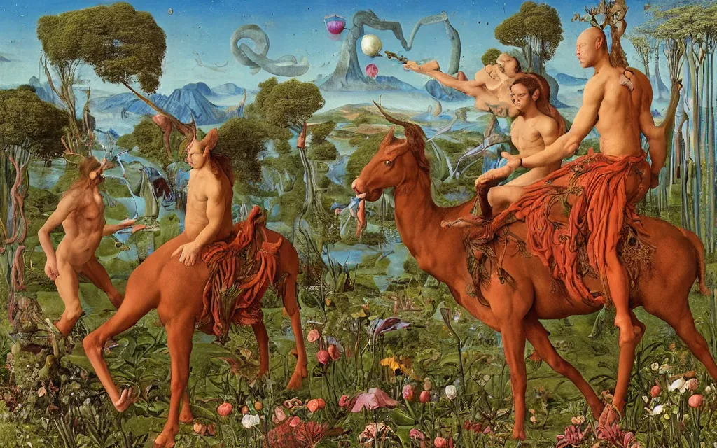 Image similar to a portrait photograph of a meditating satyr and a centaur monk riding a rocket machine and hunting at a river delta. surrounded by bulbous flowers and trees. mountain range under a blue sky of fiery stars. by jan van eyck, max ernst, ernst haeckel, ernst fuchs and artgerm, cgsociety, fashion editorial, 8 k