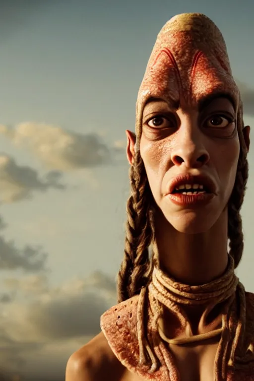 Image similar to film still of jar jar binks as a female cowgirl, long eyeslashes, big juicy lips, big seductive eyes, dramatic cinematic lighting, dolce & gabbana campaign, shot by mario testino, realistic vfx simulation, 4 k