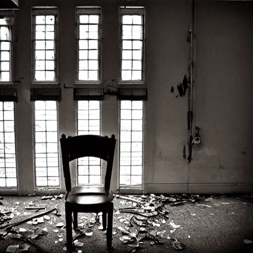 Prompt: an empty room with a single chair, urban decay, horror