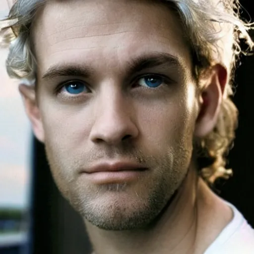 Image similar to color photograph of a 40 year old very handsome white skinny man with short, curly, blond hair and very small blue eyes, dressed in a white t shirt, gray shorts and black socks, with a small mole to the right of his very thin lips, with a straight nose and blond stubble, with a round face, and an earring in the left ear. He resembles a lion.