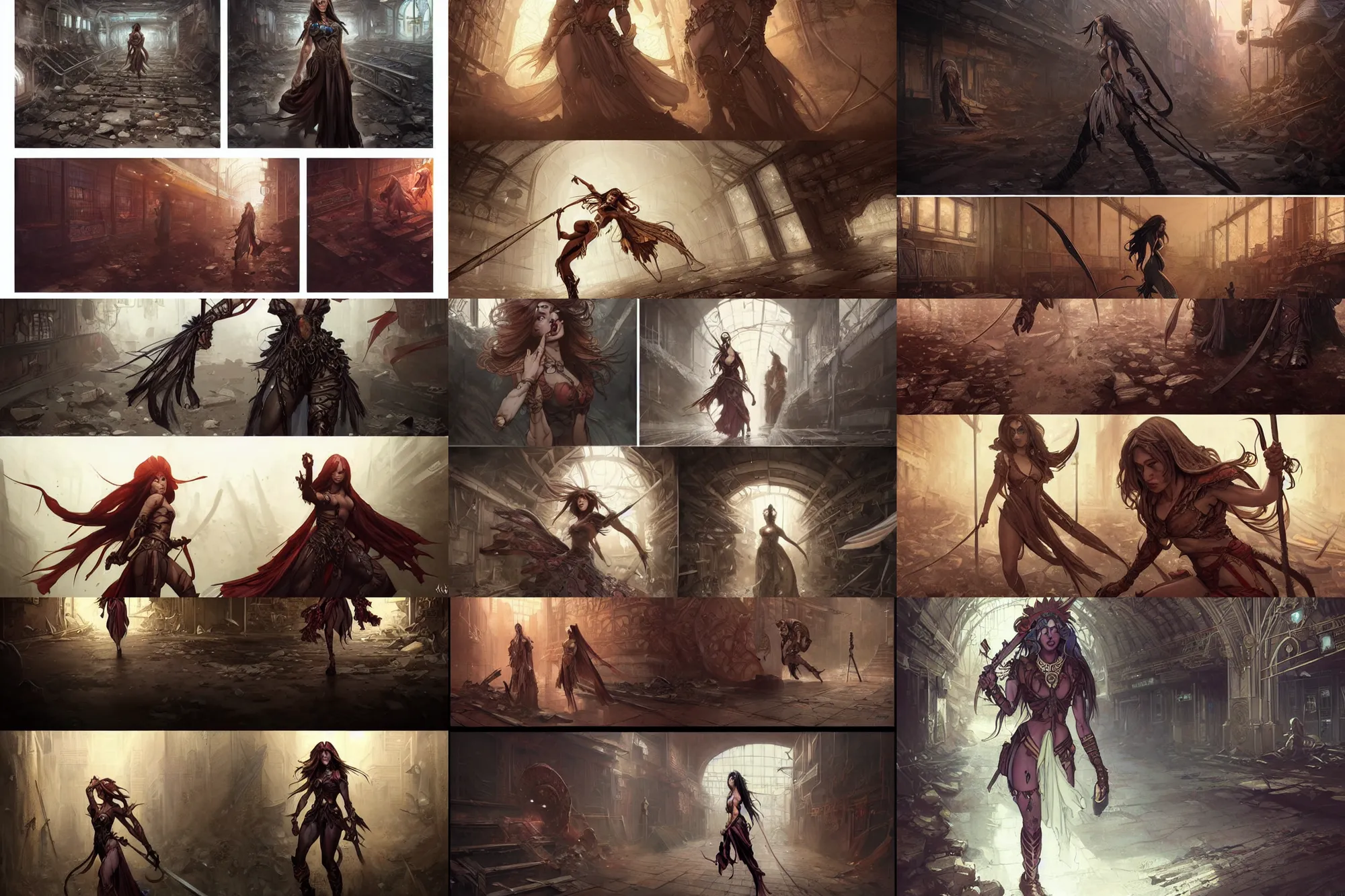 Prompt: incredible comic panels showing a beautiful warrior priestess escaping from demons in an abandoned subway station, Marvel Comics, D&D, fantasy, intricate, elegant, highly detailed, digital painting, artstation, concept art, smooth, sharp focus, illustration, art by artgerm and greg rutkowski and alphonse mucha and WLOP, set in post apocalyptic Tokyo, dapped light, large draped cloth, tissue ornament, dark fantasy, feminine figure, smooth skin, gorgeous, pretty face, beautiful fashion model body, high detail, hyper realistic, digital illustration, trending on artstation