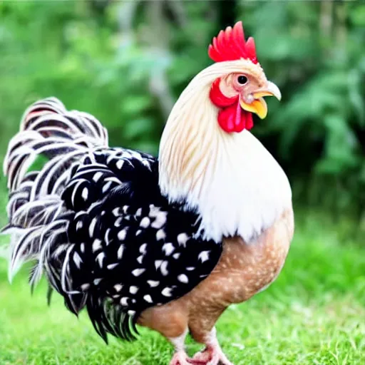 Image similar to a newly discovered breed of chicken with black feathers that is spotted with small white hearts