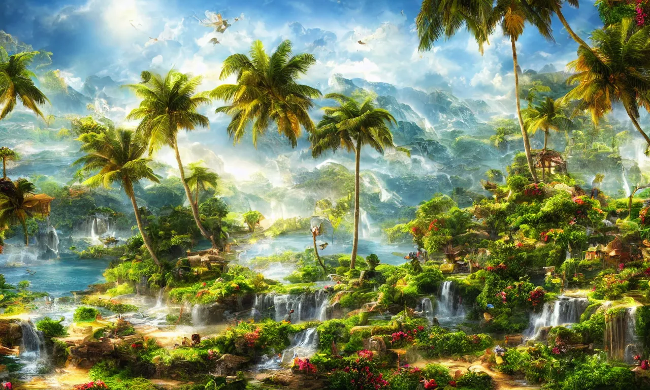 Image similar to epic paradise landscape, high definition, high detail, 8k, photorealistic,