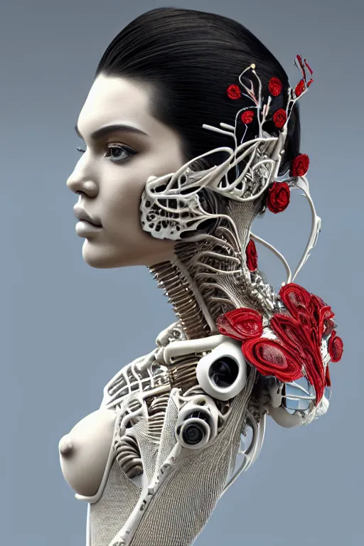 Prompt: complex 3d render ultra detailed of a beautiful porcelain profile kendall jenner face, biomechanical cyborg, analog, 150 mm lens, beautiful natural soft rim light, big leaves and stems, roots, fine foliage lace, silver red white details, massai warrior, Alexander Mcqueen high fashion haute couture, pearl earring, art nouveau fashion embroidered, steampunk, intricate details, mesh wire, mandelbrot fractal, anatomical, facial muscles, cable wires, microchip, elegant, hyper realistic, ultra detailed, octane render, H.R. Giger style, volumetric lighting, 8k post-production