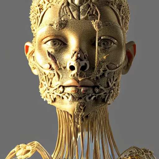 Prompt: beatifull frontal face portrait of a woman, 150 mm, anatomical, flesh, flowers, mandelbrot fractal, facial muscles, veins, arteries, symmetric, intricate, golden ratio, full frame, microscopic, elegant, highly detailed, ornate, ornament, sculpture, elegant , luxury, beautifully lit, ray trace, octane render in the style of Trevor brown , robert Mapplethorpe and Cindy sherman