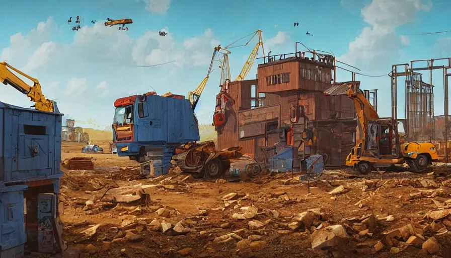 Image similar to a bulldozer accidently knocking over a chicken coop in the style of goodnight goodnight construction site, matte painting, art station, blue sky, simon stalenhag