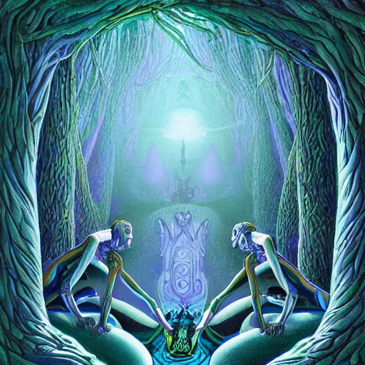 Image similar to dmt-machine-elves by artist-Nathan-Spoor, crawling across the circus floor, climbing up the winding trees