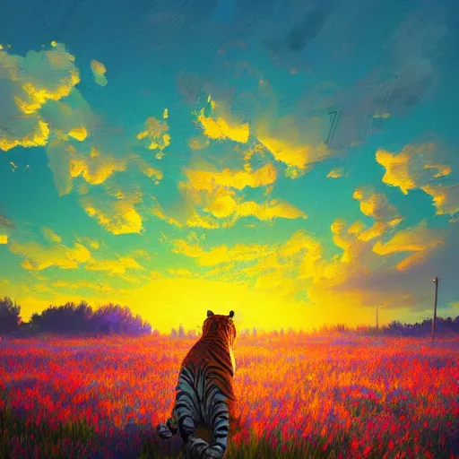 Image similar to a tiger watching a sunset, surreal photography, flower field, beautiful sunset on a summer day light, impressionist painting, colorful clouds, blue sky, digital painting, artstation, simon stalenhag