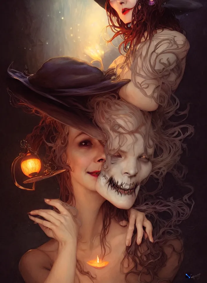 Image similar to halloween witch woman in a hat smiles, fantasy magic, undercut hairstyle, dark light night, intricate, elegant, sharp focus, illustration, highly detailed, digital painting, concept art, matte, art by wlop and artgerm and greg rutkowski and alphonse mucha, masterpiece