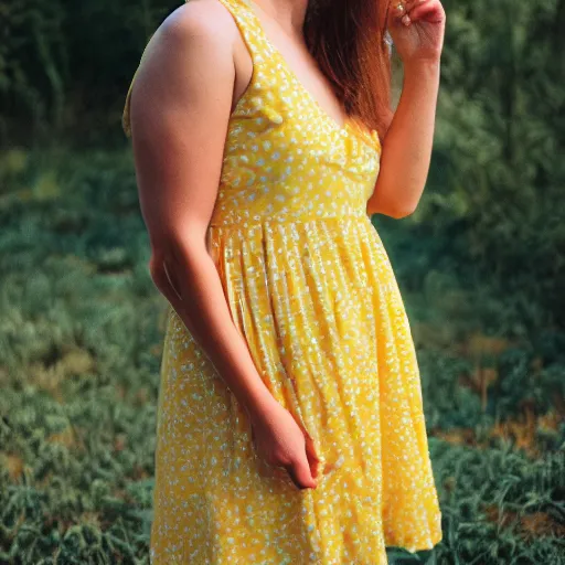 Prompt: A color analog 35mm film portrait photography of a 33 year old woman in a yellow sundress. detailed. hq. realistic.