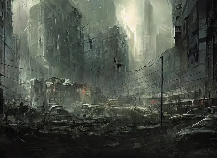 Image similar to an unbelievable dystopian scene, highly detailed, contrasting colours, dark