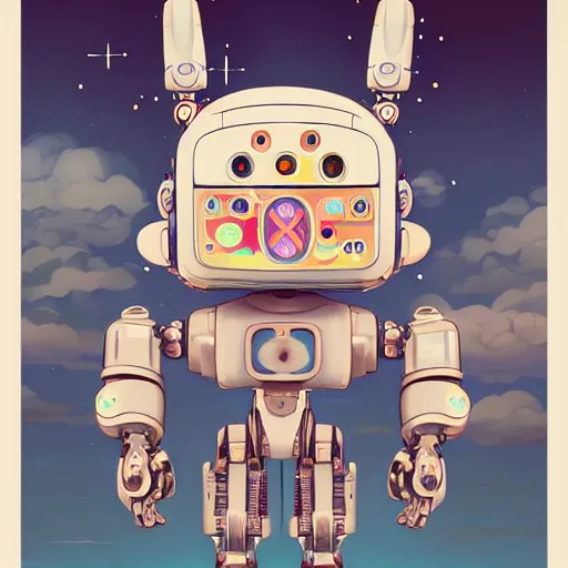 Image similar to a robot mascott by takashi murakami,, beeple and james jean, aya takano color style, 4 k, super detailed, night sky, digital art, digital painting, celestial, majestic, colorful