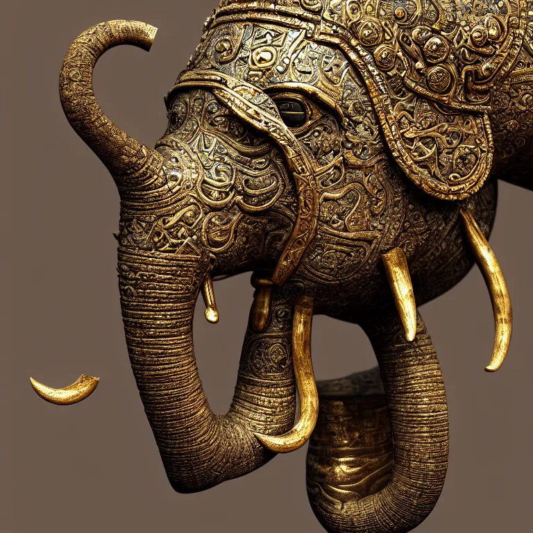 Prompt: highly detailed ancient artifact depicting an elephant made of bronze and ivory and encrusted with precious jewels, patina, ethereal, esoteric, zbrush sculpt, octane render, intricate, ornate, cinematic lighting