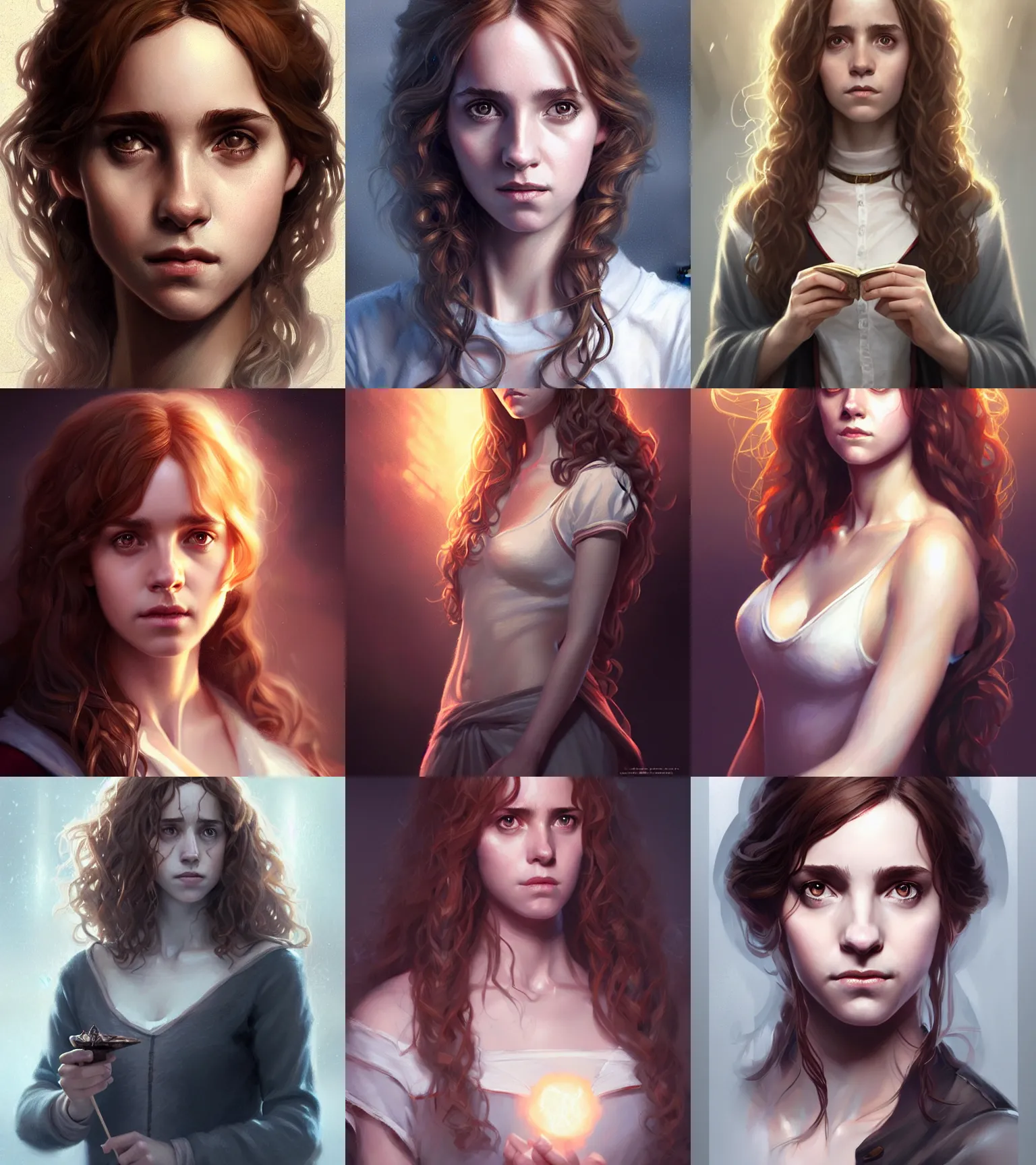 Prompt: alluring portrait of hermione in harry potter, intricate, sensual, attractive full body, highly detailed, digital painting, artstation, concept art, naughty, sharp focus, cinematic lighting, illustration, art by artgerm and greg rutkowski