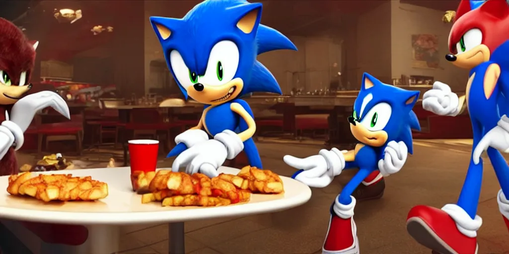 Image similar to A render of Sonic the Hedgehog sitting across from Shadow the Hedgehog at a restaurant, Sonic looks like he is shocked, Shadow is looking away in disgust, they both have hamburgers in front of them on a plate, movie, HDR, moody lighting, unique camera angle