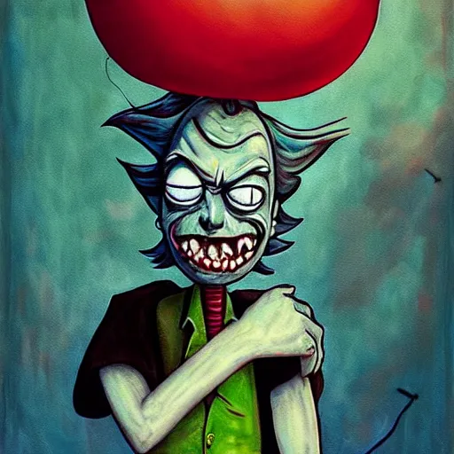 Prompt: grunge painting of rick from rick and morty with a wide smile and a red balloon by chris leib, loony toons style, pennywise style, corpse bride style, horror theme, detailed, elegant, intricate