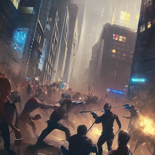 Prompt: protesters clashing with police, detailed digital illustration by greg rutkowski, android netrunner