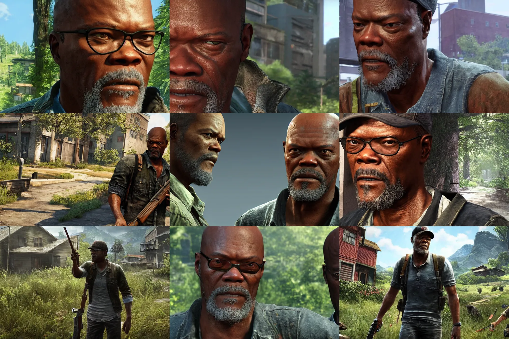 Prompt: a screenshot of samuel l jackson in the video game the last of us. 3 d rendering. unreal engine. amazing likeness. very detailed. cartoon caricature.