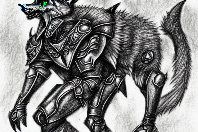 Image similar to a pencil drawing of a wolf, full body, D&D, armor, made by by Pen Tacula