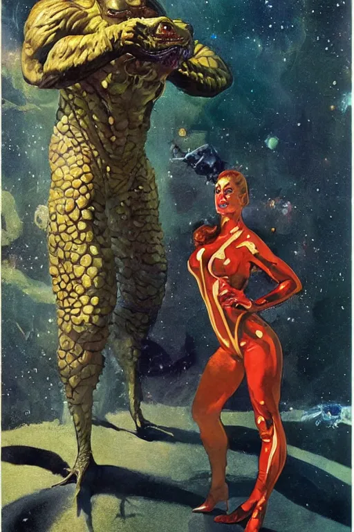 Image similar to full body portrait of brock lesnar as amphibian demon standing beside elegant space woman in latex spacesuit, by norman rockwell, jack kirby, jon berkey, earle bergey, craig mullins, ruan jia, jeremy mann, tom lovell, marvel, astounding stories, 5 0 s pulp illustration, scifi, fantasy, artstation creature concept