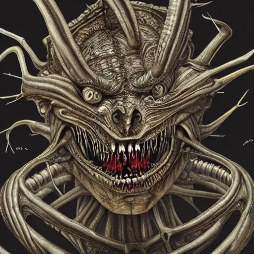 Prompt: alien trump, sharpt teeth, by h. r. giger, nightmare fuel, nightmarish, intricate, highly detailed, optical illusion, stranger things demogorgon