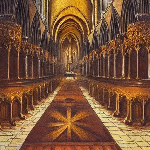 Image similar to Notre Dame interior. chocolate over a pedestal illuminated by a ray of light from a cathedral window. Wide Perspective. Realistic. Fantasy art