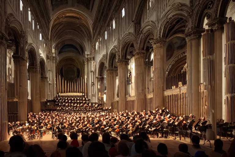 Image similar to huge crowd listens to a hermeneutic pipe organ concert in a vast basilica, matte painting, scenic full shot, ambient lighting, by makoto shinkai, artgerm, oil painting by caravaggio and goya