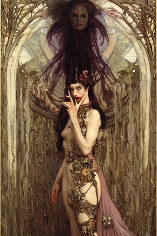 Image similar to masterpiece painting of beautiful demonic countess girl by donato giancola, h. r. giger and tom bagshaw, face by artgerm and edmund leighton, background by james jean and alphonse mucha, 8 k, gothic horror, majestic, volumetric lighting, porcelain skin, art deco, trending on pixiv