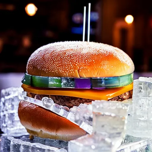 Image similar to a clear ice sculpture of a burger made entirely of ice, 4 k