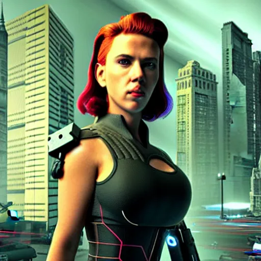 Image similar to scarlett johansson in cyberpunk, render