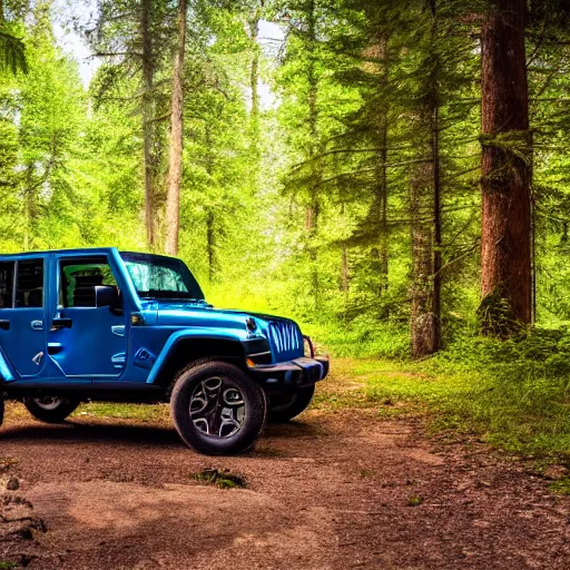 Prompt: a view from the driver side of a jeep wrangler in the woods, 4k, high detail, high-resolution photograph, professional photography, ultra-detail