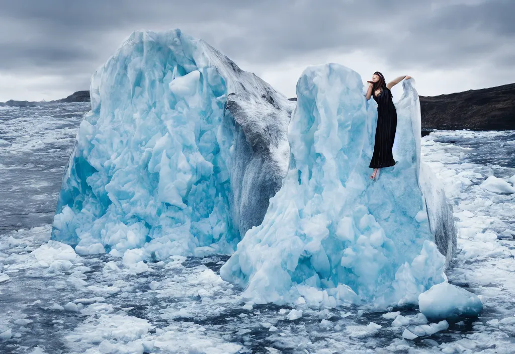 Image similar to fashion editorial on melting iceberg. gigantic ice falling in the sea. huge waves. wide angle shot. highly detailed. depth of field. high definition. 8k. photography.