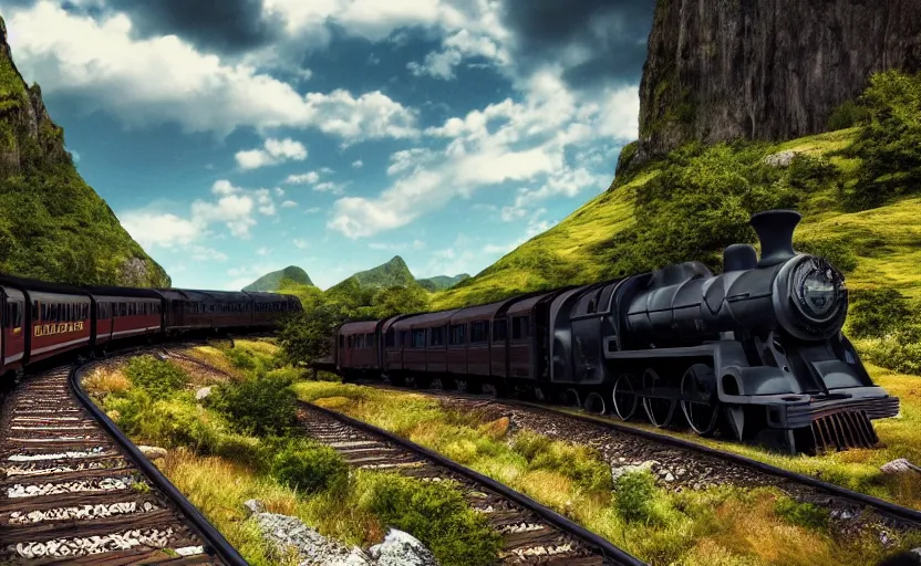 Prompt: the hogwarts train riding through a beautiful valley, 4 k, puffy clouds, dreamy, godrays, depth of field, scenic, global illumination, artstation