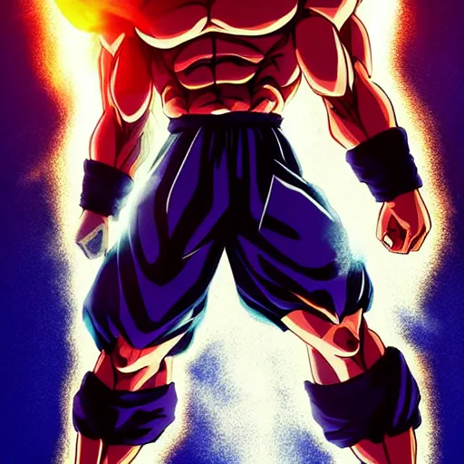 Image similar to Jesus Christ going super saiyan, muscular, lightning in the sky, glowing, Dragonball z, artstation