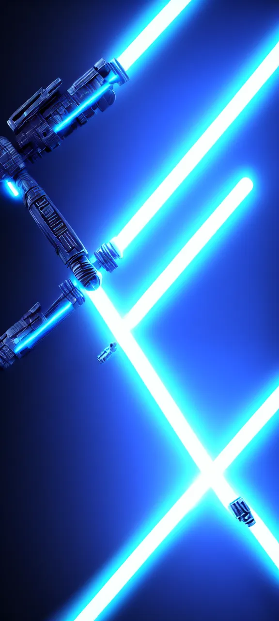 Image similar to detailed cinematic render, of a blue cyberpunk lightsaber lying vertically, in a dark room, photo from above, octane render 8 k, digital art, lightsaber wallpaper 4 k, ray tracing, jedi fallen order lightsaber wallpaper 4 k, cal kestis lightsaber wallpaper