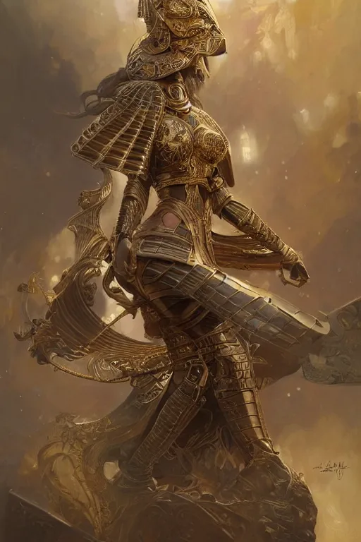 Image similar to a full body portrait of an attractive young female, ornate metallic helmet, intricate battle armor, olive skin, long dark hair, beautiful bone structure, intricate, elegant, highly detailed, digital painting, artstation, concept art, smooth, sharp focus, illustration, art by artgerm and greg rutkowski and alphonse mucha