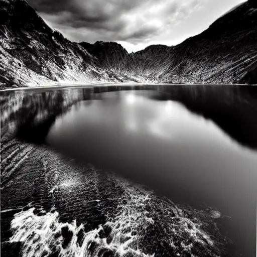 Image similar to lago di sorapis, hyper - realistic black and white drawing, hyper detailed