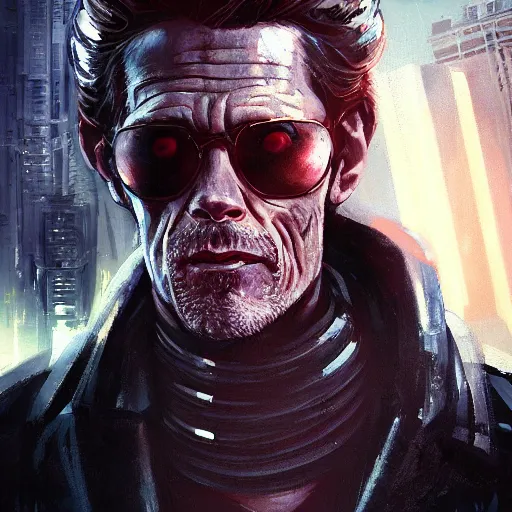 Image similar to closeup portrait of william dafoe, cyberpunk, ex military guy, city background, dramatic light, gorgeous view, depth, high detail, digital art, painted by greg rutkowski and seb mckinnon, neuromancer, trending on artstation